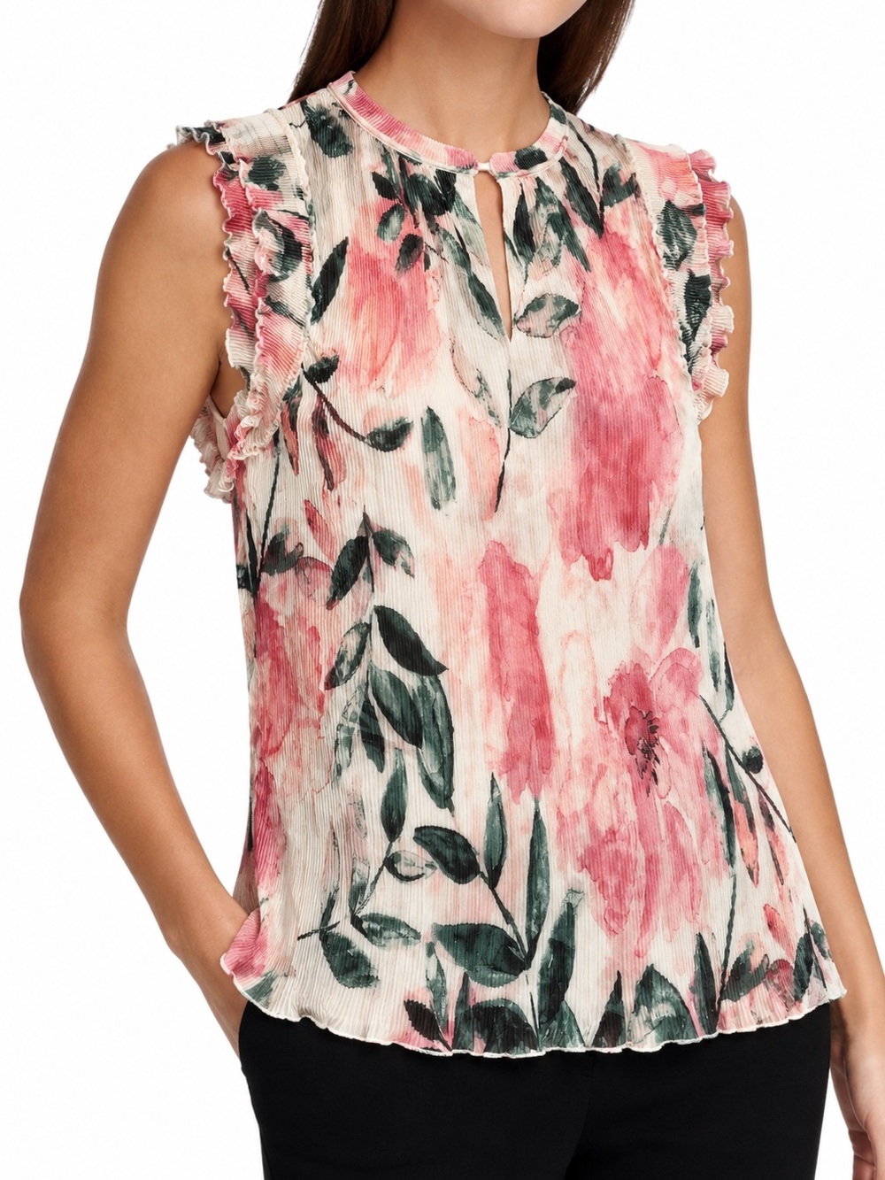 DKNY XL Floral Pleated Ruffle Sleeveless Blouse Pink Green